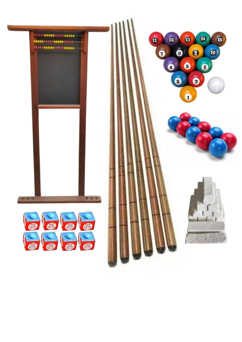 Kit com 6 tacos, 1 taqueira luxo, 1 Jogo Bolas Numeradas, 1 Jogo Bolas Lisas e giz azul e branco