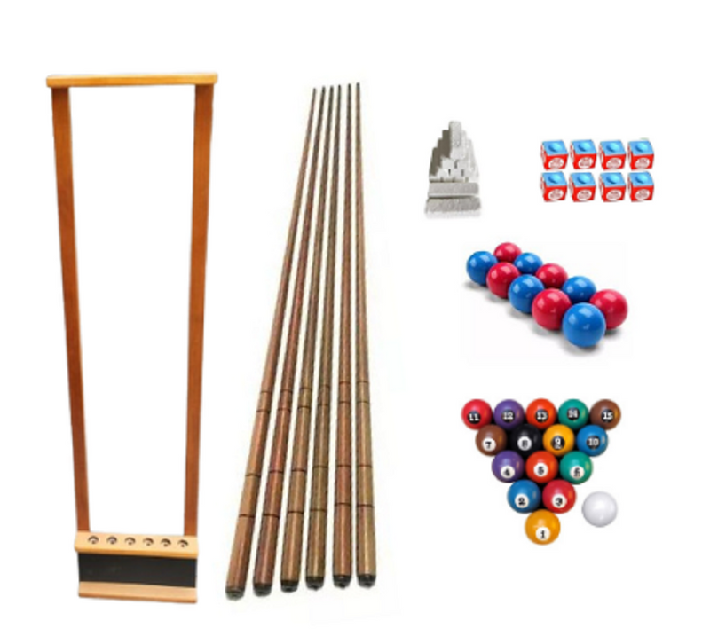 Kit com 6 tacos, 1 taqueira, 1 Jogo Bolas Numeradas, 1 Jogo Bolas Lisas e giz azul e branco